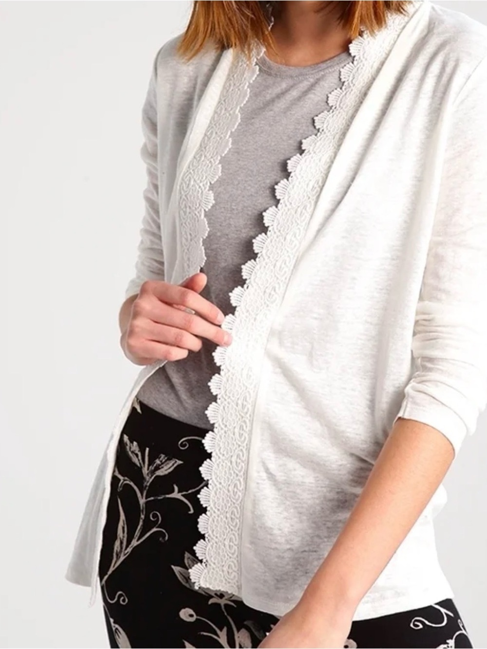 DESIGUAL LINEN OFF-WHITE ROLL TAB SLEEVE CARDIGAN SWEATER LACE TRIM SZ LARGE